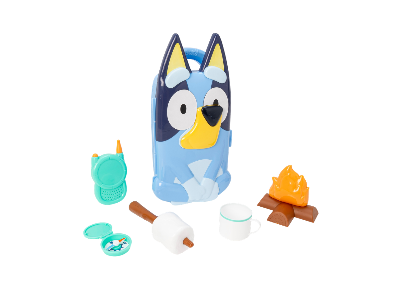 Mala de brincar Bluey azul com acessórios de campismo: walkie-talkie, bússola, caneca, fogueira e espeto.