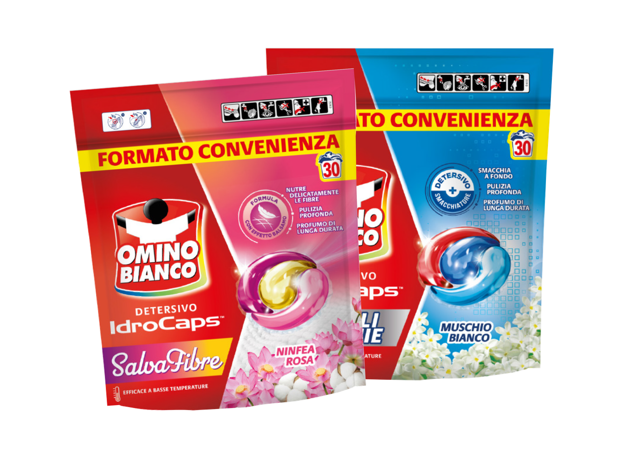 Tre confezioni di detersivo per bucato Camino Bianco, profumi: Salvia e Fiori, Magnolia e Giglio, e Gelsomino.