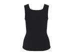 Black ribbed tank top with a square neckline, back view.