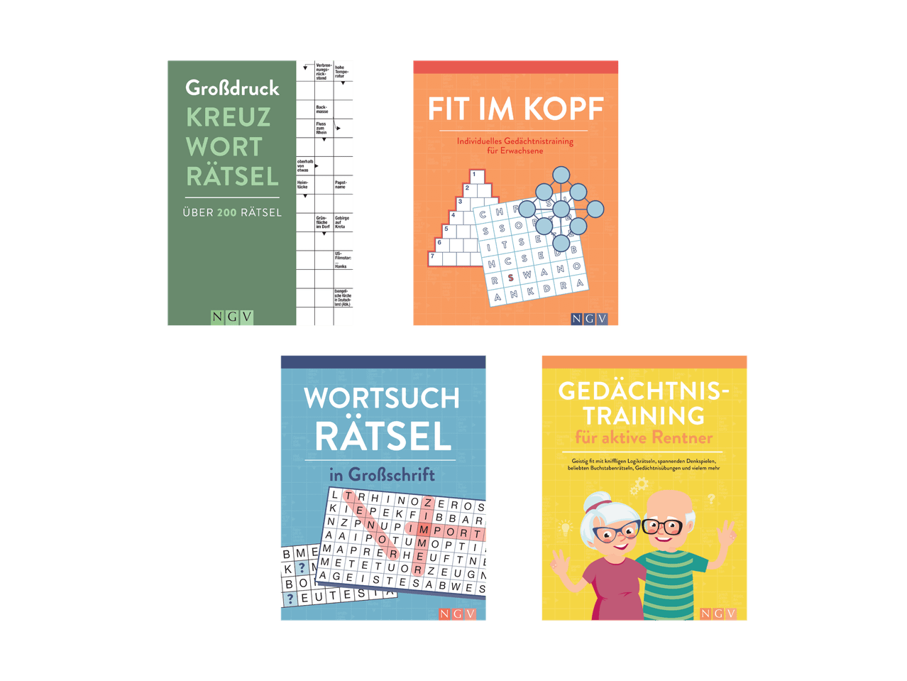 Quatre livres de jeux de réflexion : mots croisés en grands caractères, entraînement cérébral, recherche de mots et entraînement de la mémoire.