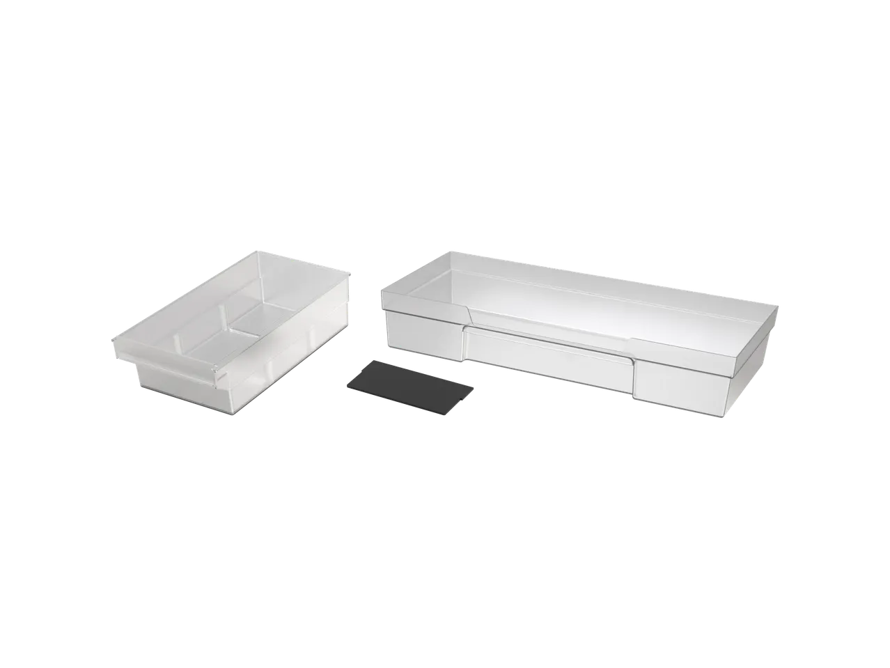 Two clear plastic refrigerator drawers and a dark gray divider.