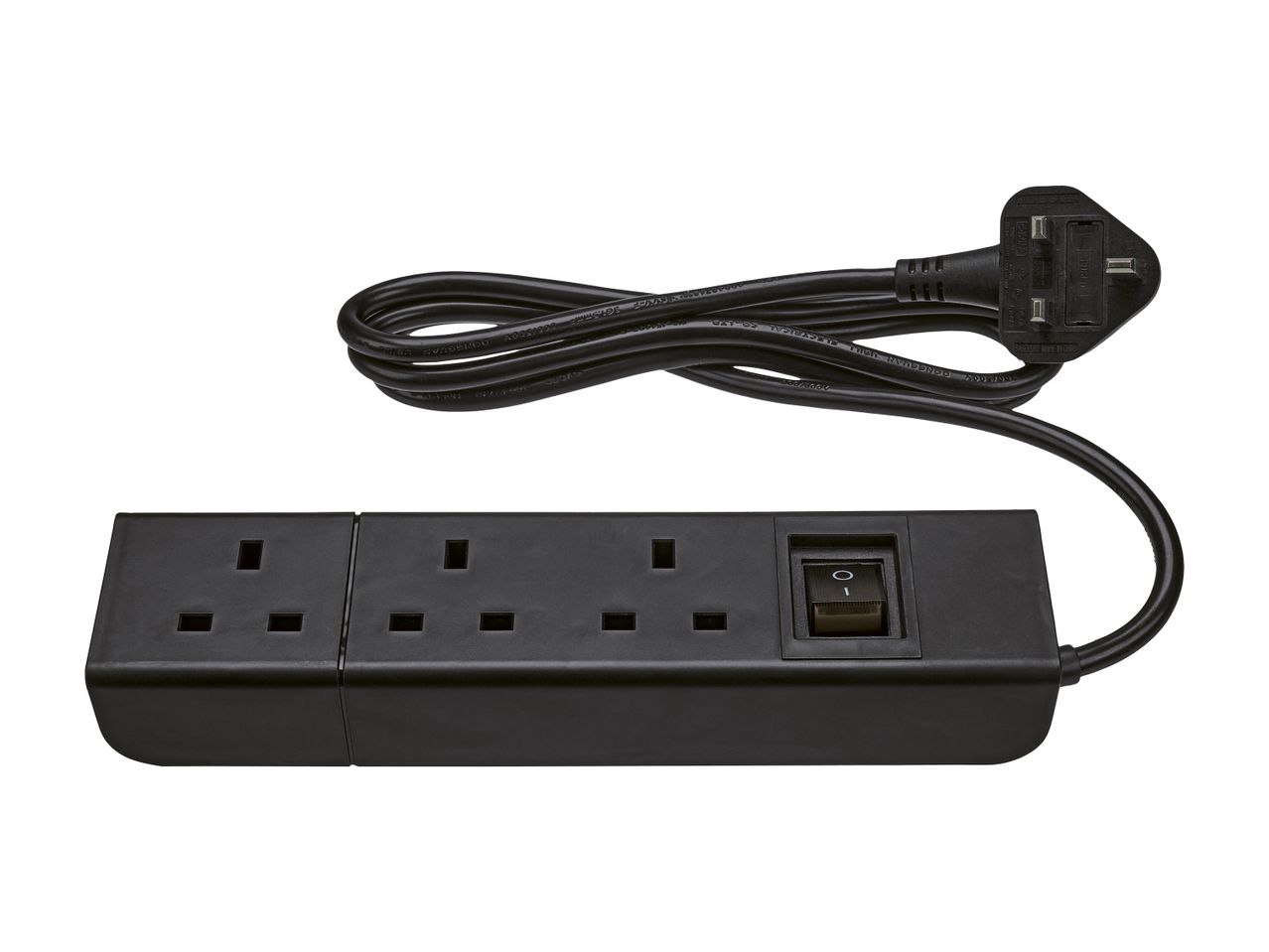 Black power strip with three UK outlets, a power switch, and a coiled cable with a UK plug.