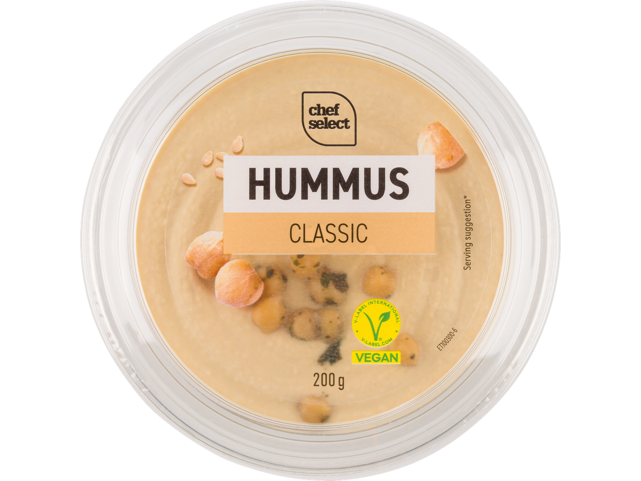 Chef Select hummus classic, 200g, i en genomskinlig burk.