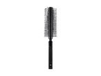 Black round hairbrush with a textured handle, bristles extending from the barrel.