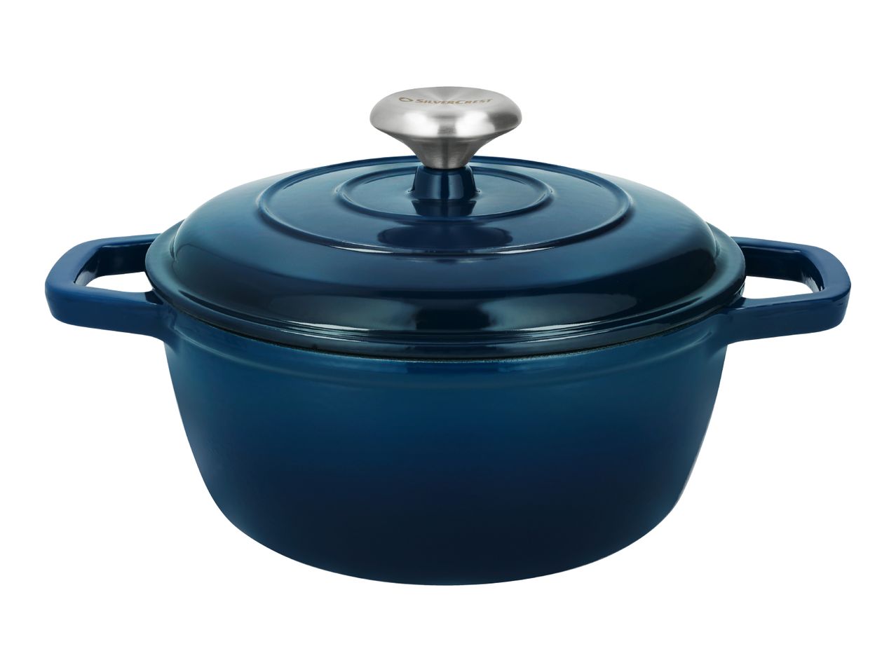 Dark blue cast iron casserole dish with a silver knob on the lid