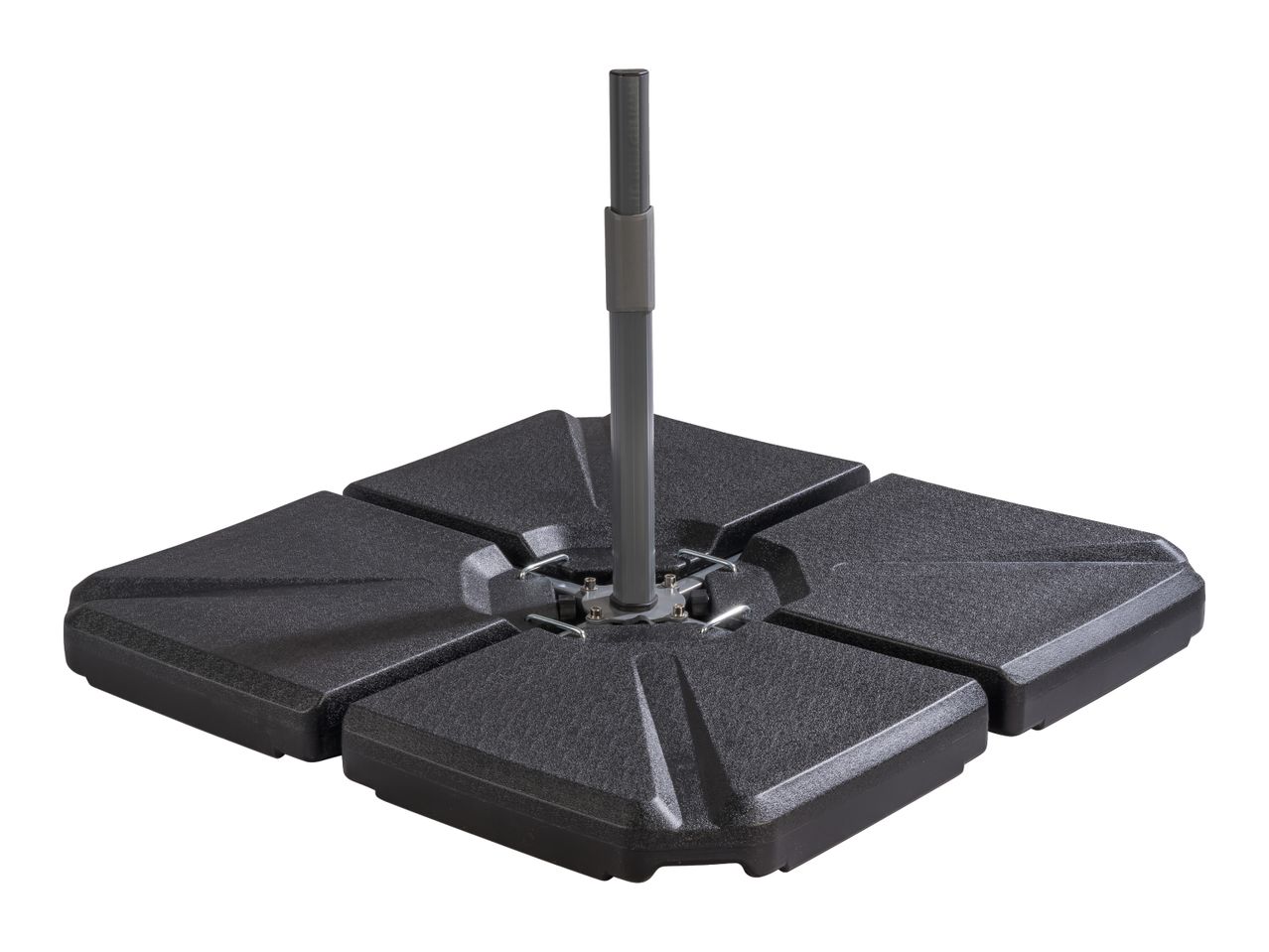 Black square umbrella base with four fillable segments and a central pole holder.