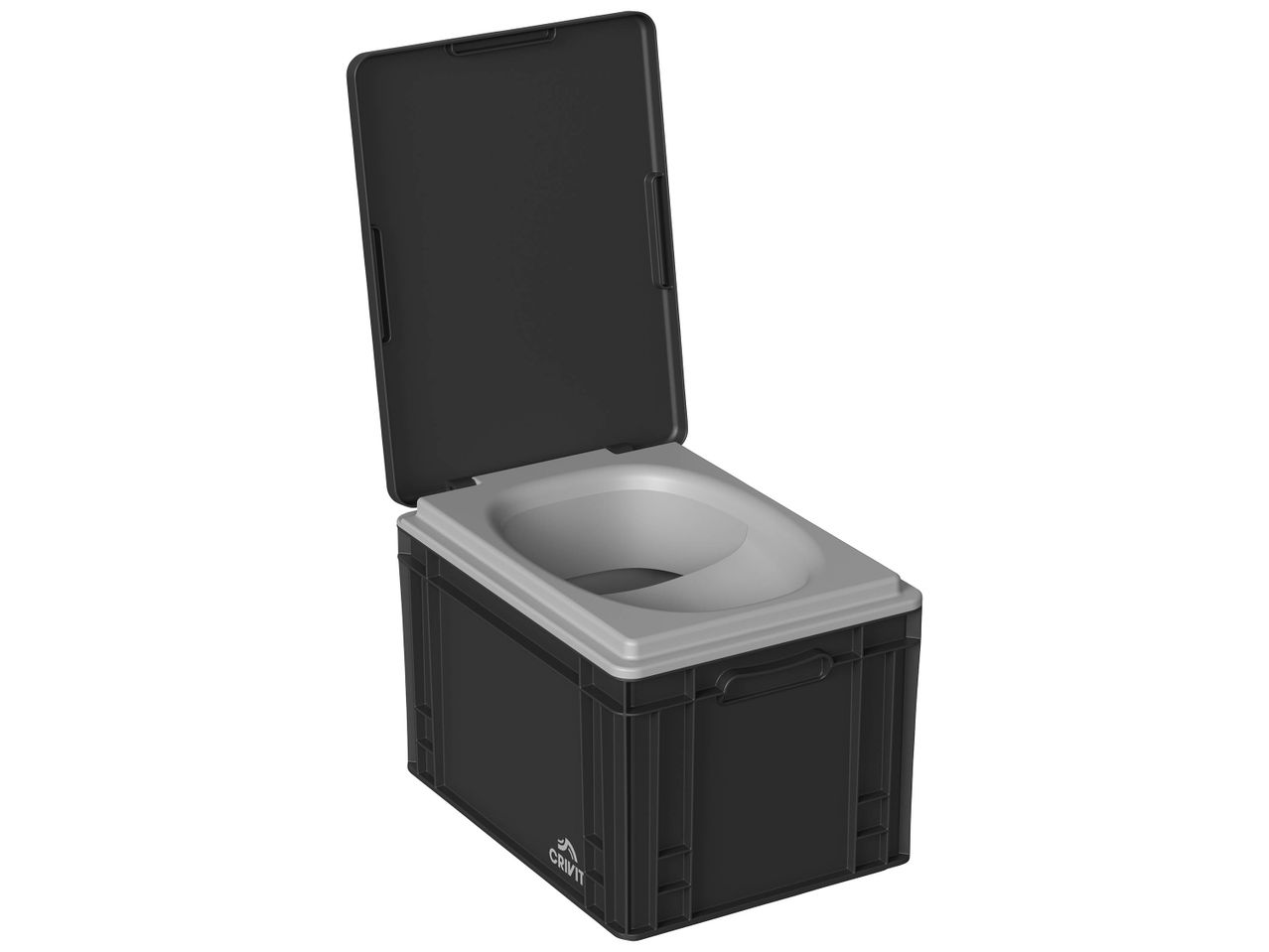 Une toilette portable Crivit noire avec le couvercle ouvert.