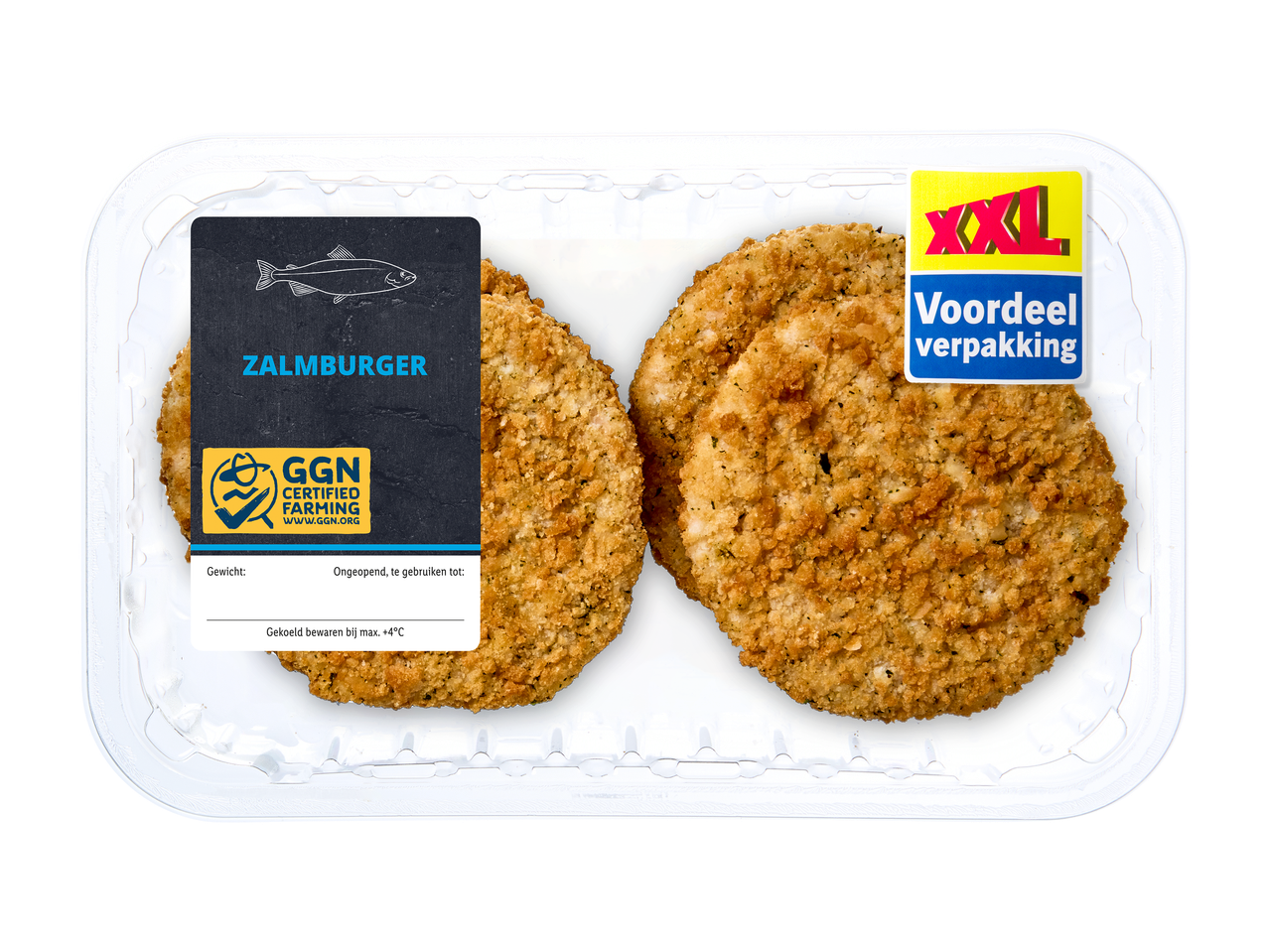 XXL voordeelverpakking zalmburgers met GGN Certified Farming keurmerk.