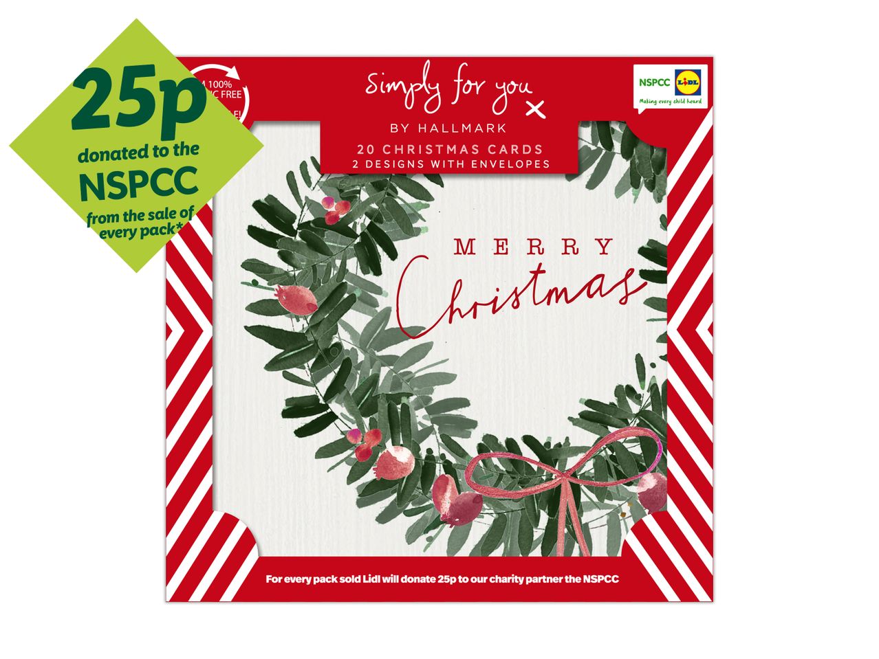 Lidl Christmas cards by Hallmark, donating 25p to NSPCC, featuring a festive wreath design.