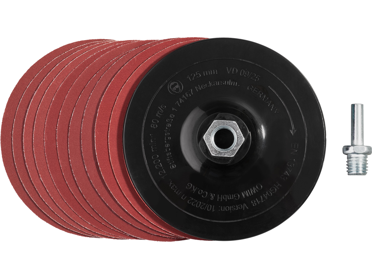 Csiszolókorongok és tartó, 125 mm átmérőjű, 12.200 ford./perc maximális sebességgel.