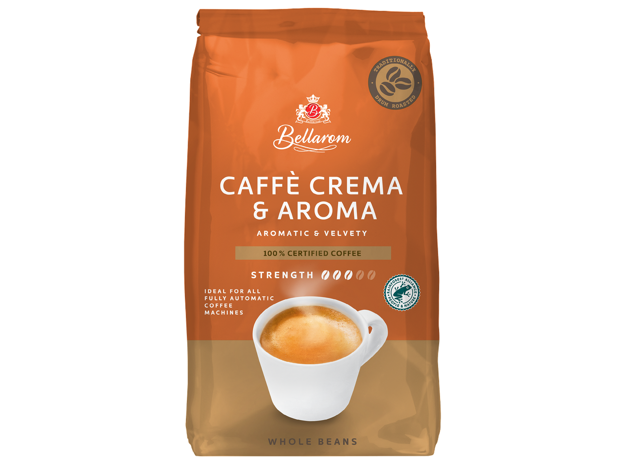Пакет кафе на зърна с надпис „Caffè Crema & Aroma“, показващ чаша кафе.