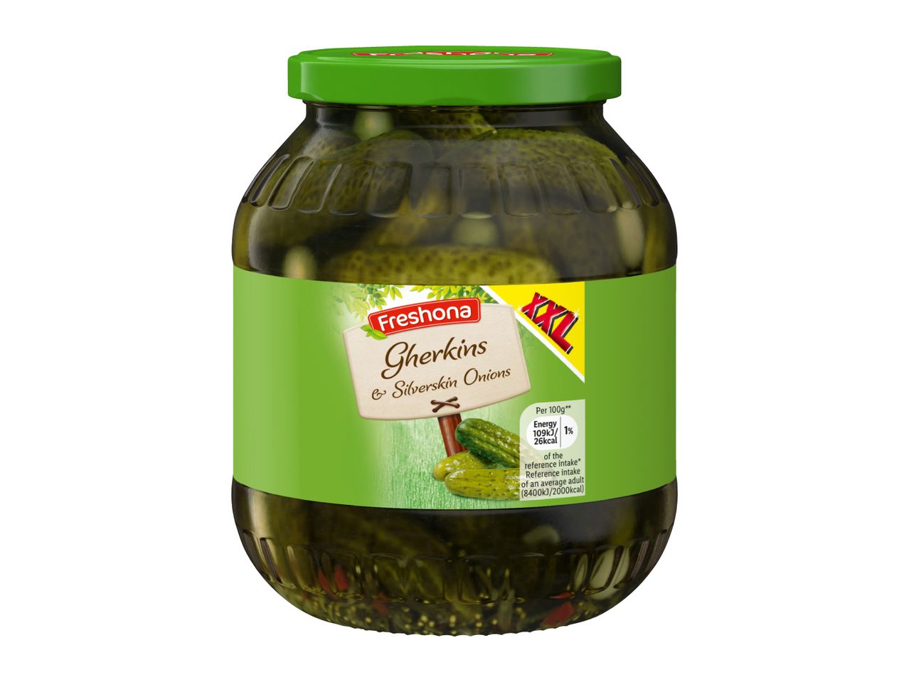 Freshona Gherkins & Silverskin Onions in a large glass jar with a green lid.