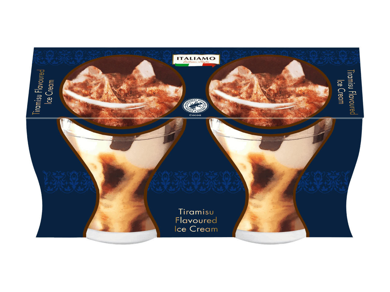 Eine Packung mit zwei Gläsern italienischem Affogato-Eis.