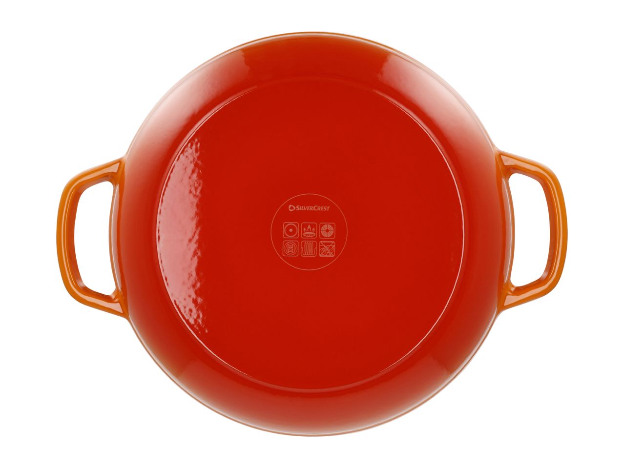 An orange SilverCrest cooking pot with handles, viewed from the bottom.