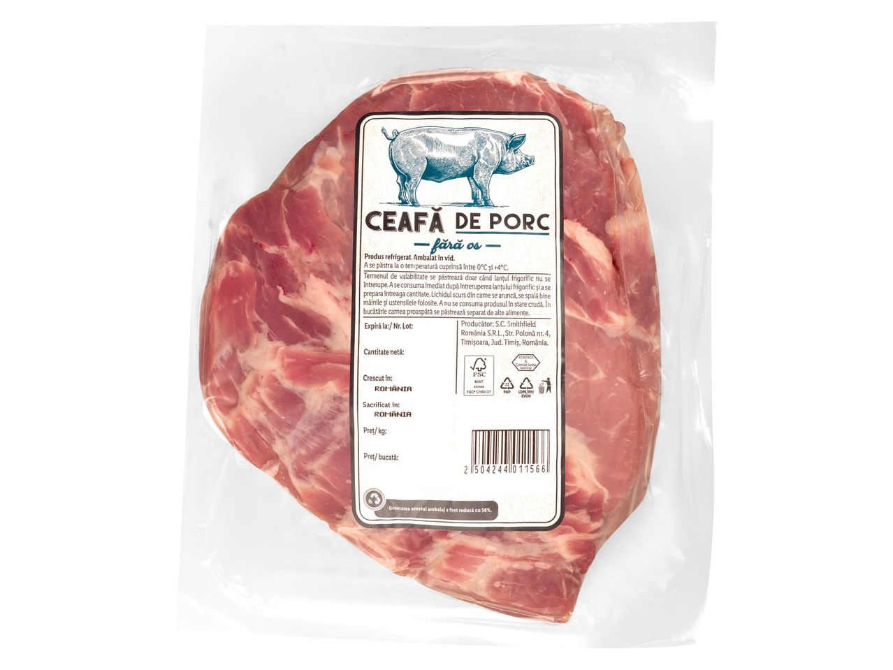 Pachet de carne de porc fără os de Smithfield.