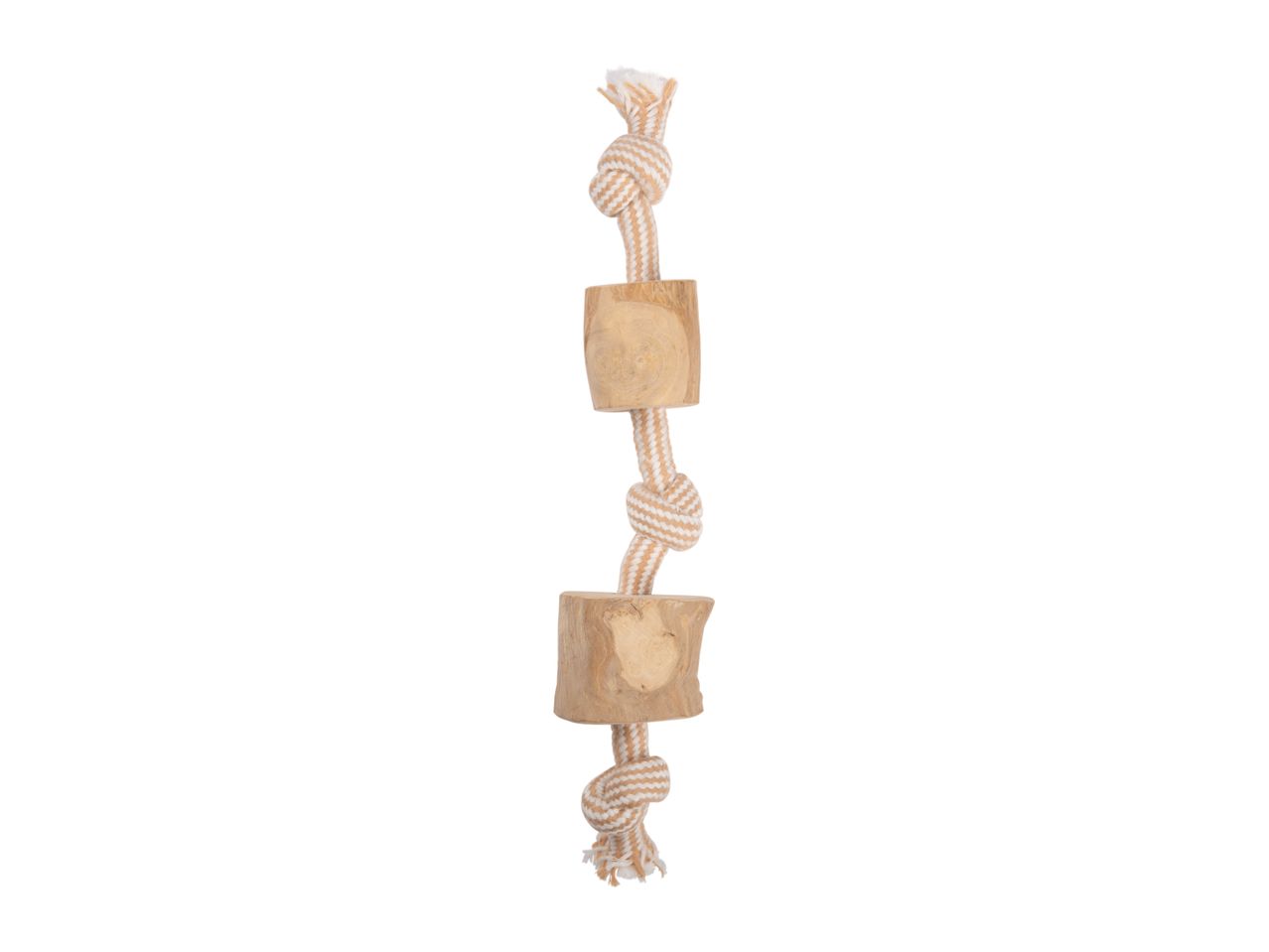A dog toy made of knotted rope and wooden blocks.