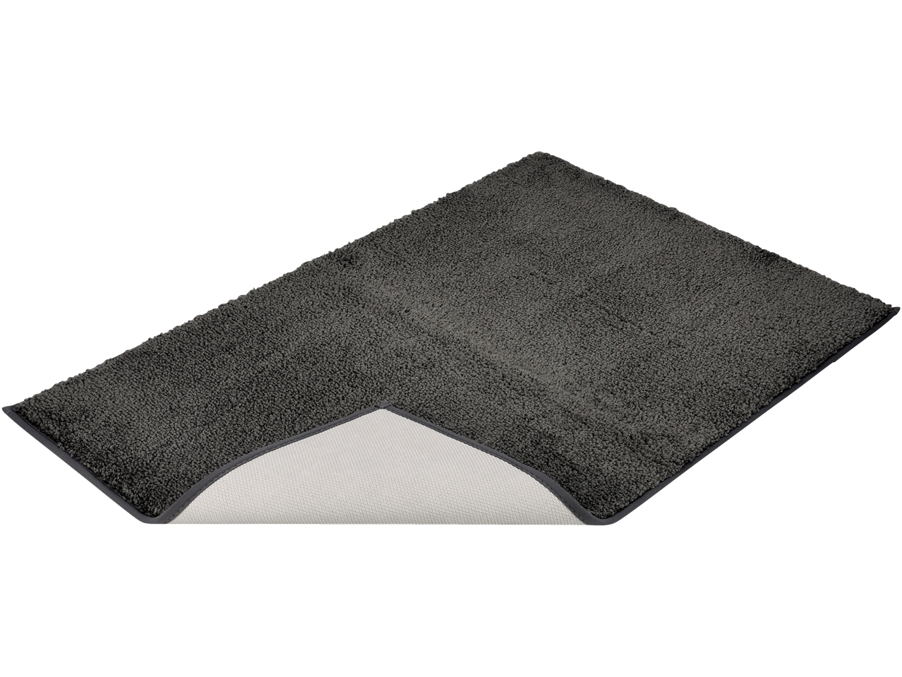 Tamsiai pilkas L formos vonios kilimėlis su neslystančiu pagrindu.