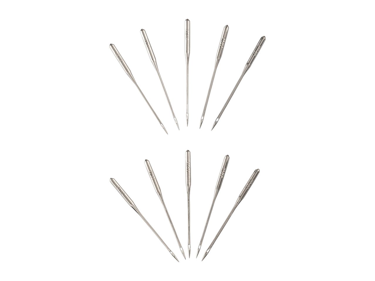 Two sets of sewing machine needles fanned out on a white background.