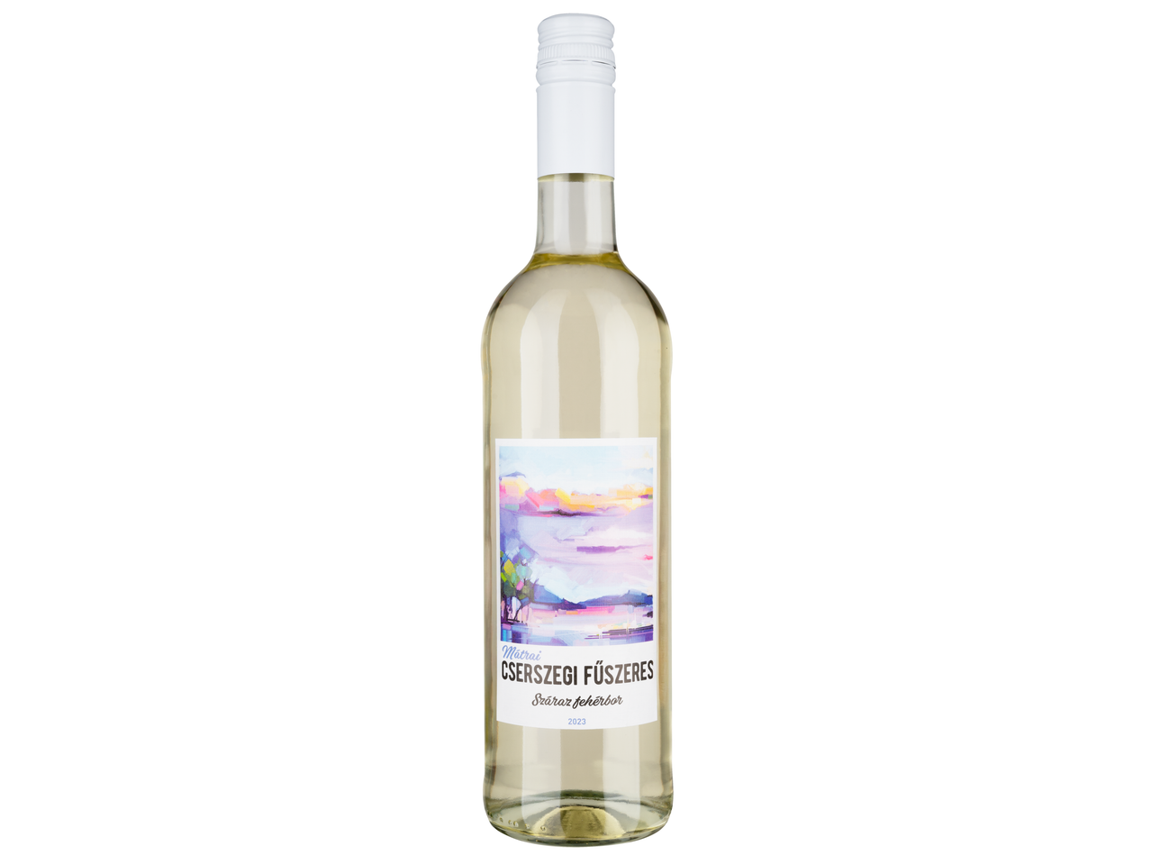 Egy palack 2023-as Mátrai Cserszegi Fűszeres Száraz fehérbor fehérbor.