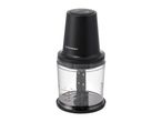 Black food chopper with a transparent bowl showing measurement markings up to 300ml.