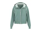 Light green hooded jacket with a white zipper and drawstrings, featuring a subtle logo.