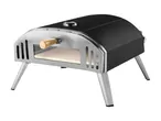 Portable outdoor pizza oven with a black dome and stainless steel front, featuring a wooden handle.