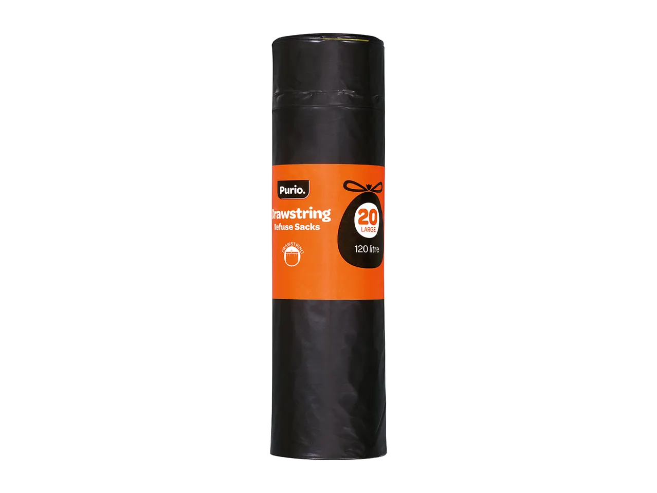 Roll of 20 large (120 litre) black Puria drawstring refuse sacks.