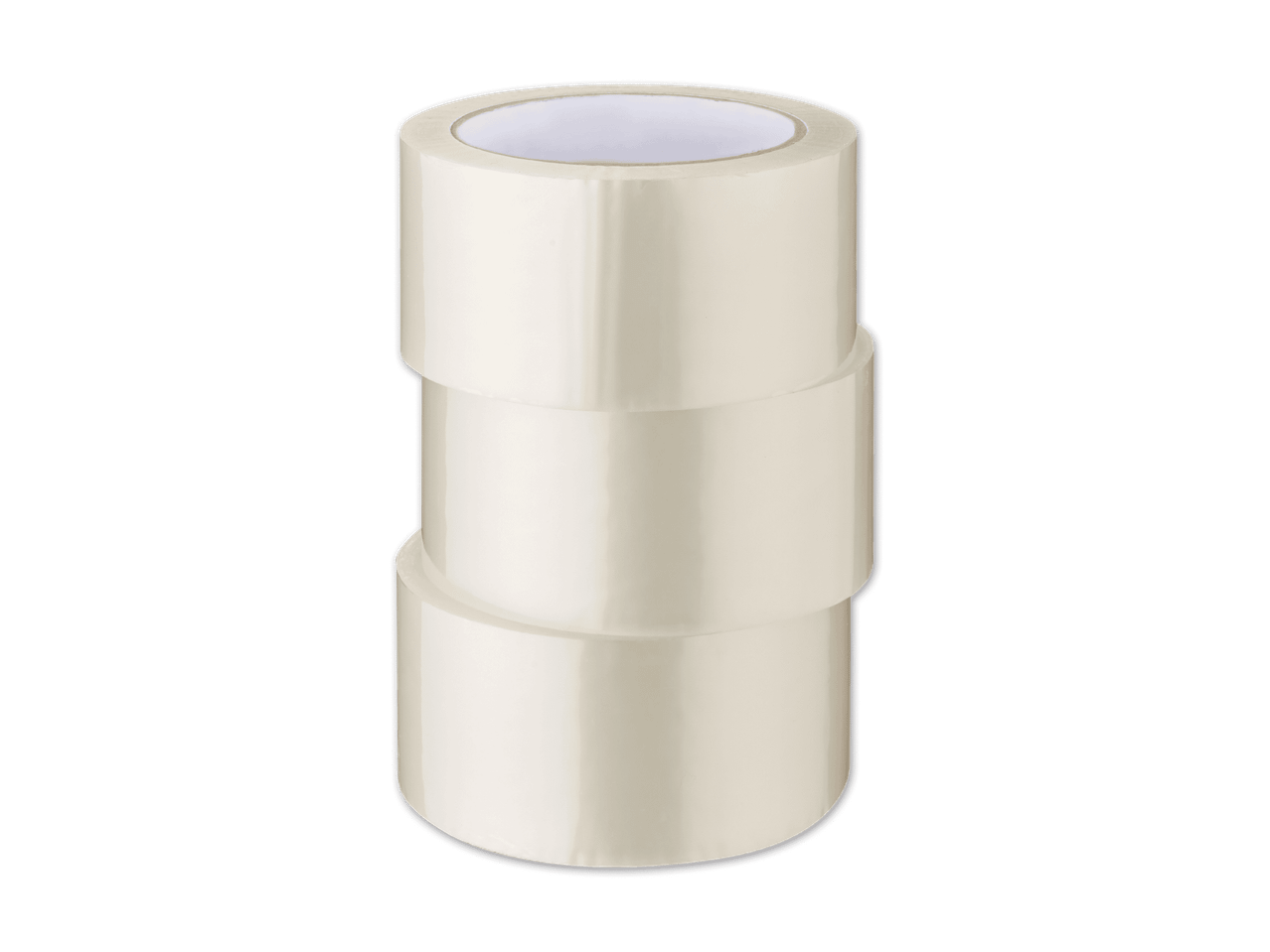 Drei Rollen transparentes Klebeband, übereinander gestapelt.