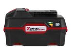 Black and red power tool battery with charge indicator lights.