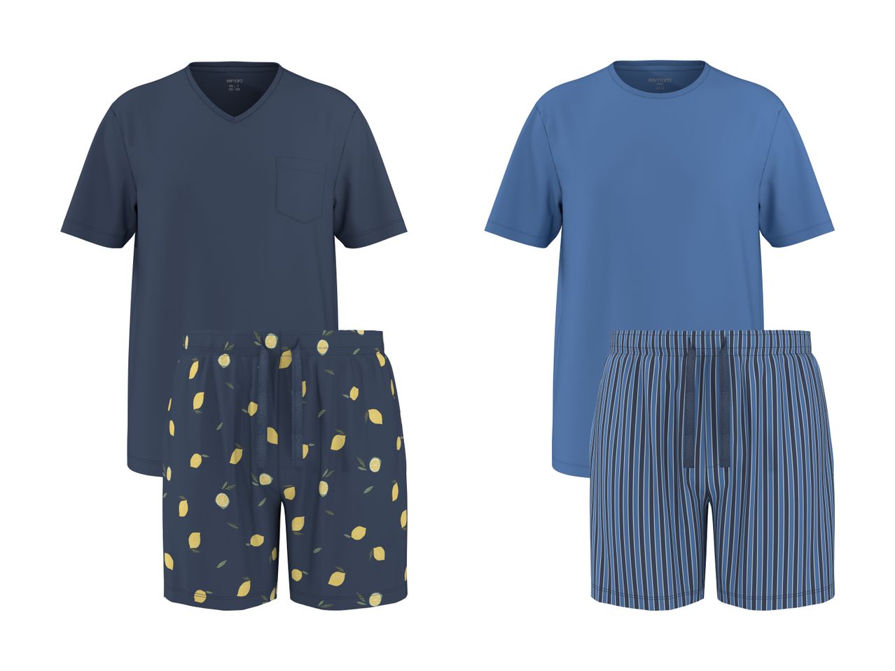 To sæt herrepyjamas med T-shirts og shorts; et sæt med citronmønster og et med striber.