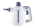 White and blue handheld steam cleaner with a water tank and indicator lights.