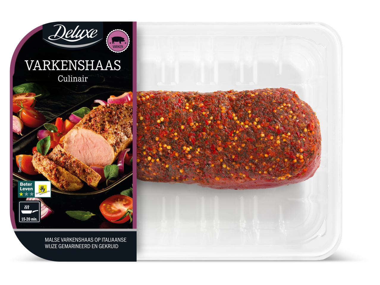 Deluxe Varkenshaas Culinair: gemarineerde varkenshaas in verpakking, met serveertip van gesneden vlees en groenten.