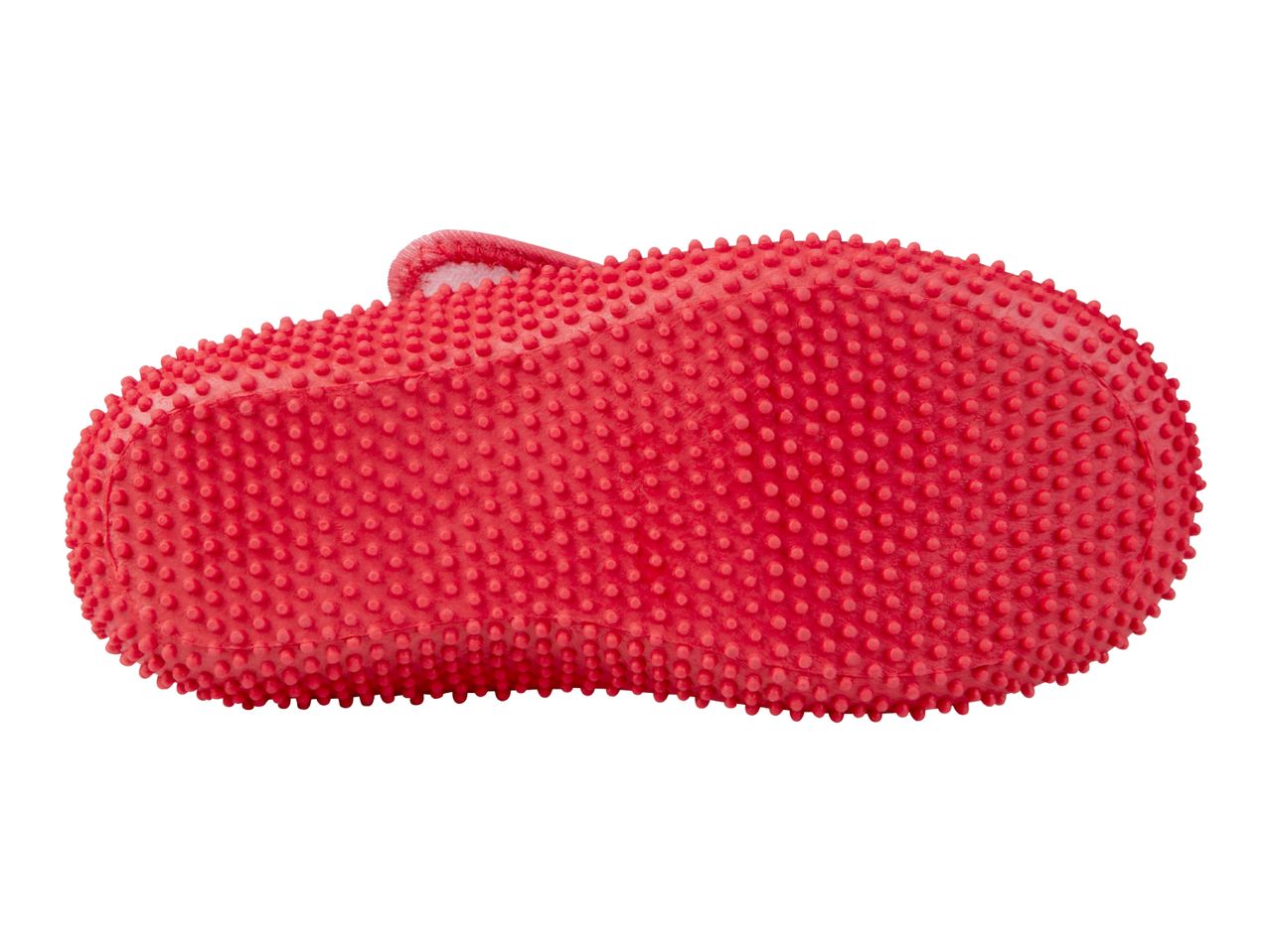 Red slipper with textured sole, side view.