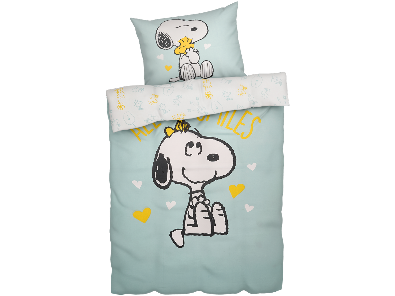 Σετ παιδικών σεντονιών με θέμα τον Snoopy σε ανοιχτό μπλε χρώμα με κίτρινες λεπτομέρειες.