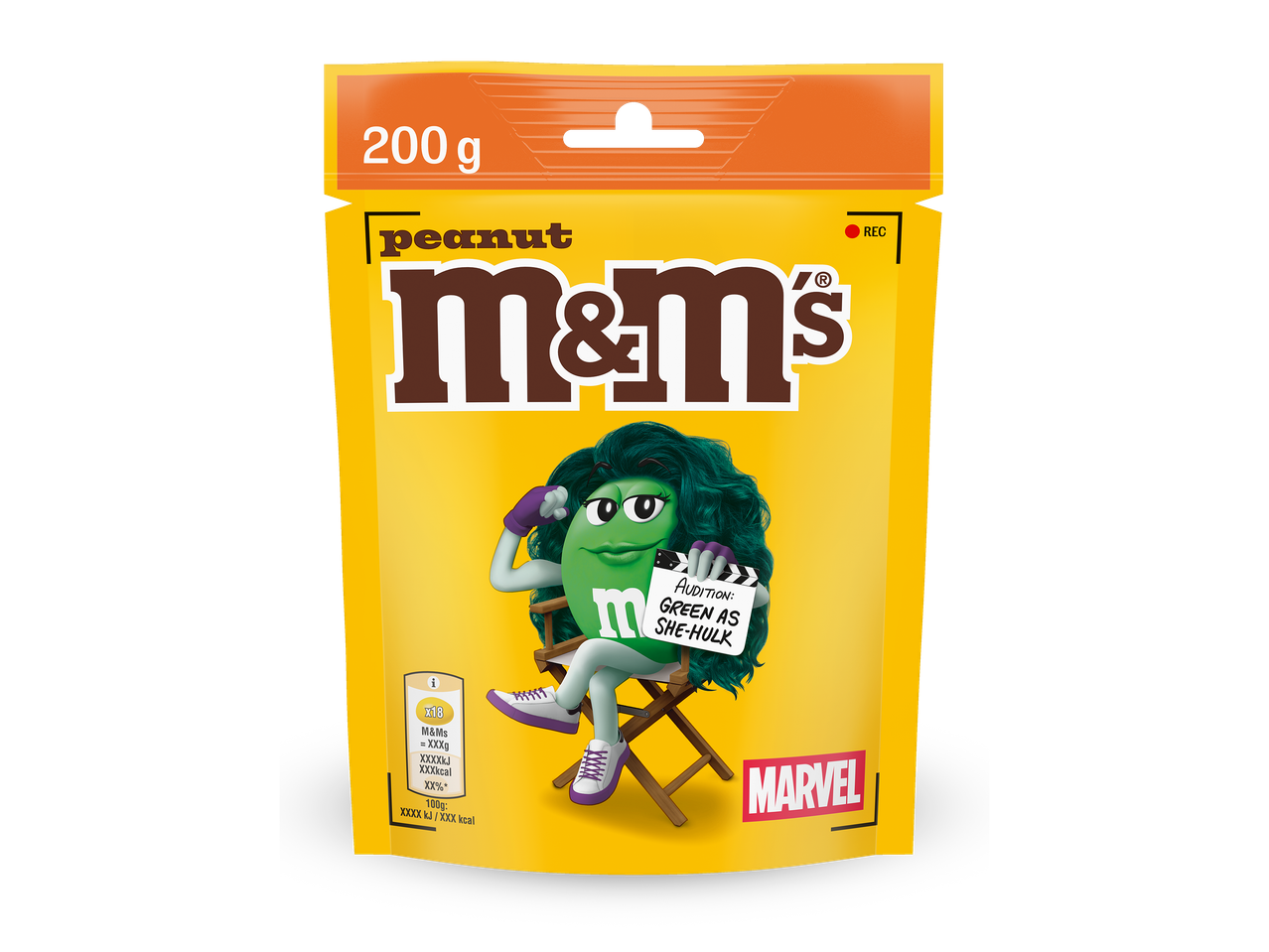 Gele zak pinda-chocoladesnoepjes met een groen snoepje verkleed als She-Hulk.