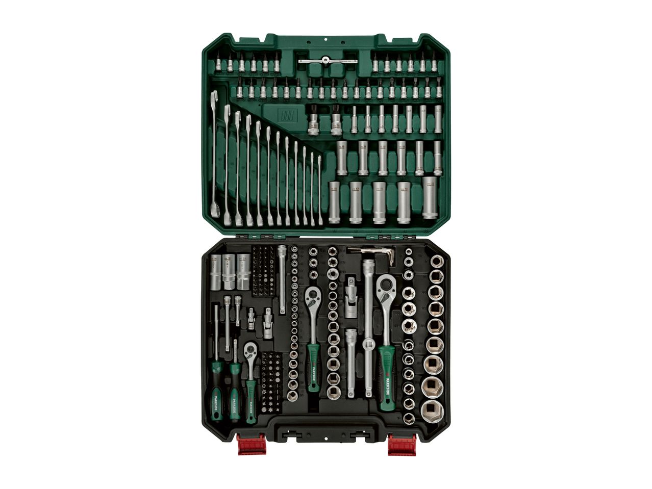 Open tool case with various wrenches, sockets, and screwdriver bits.