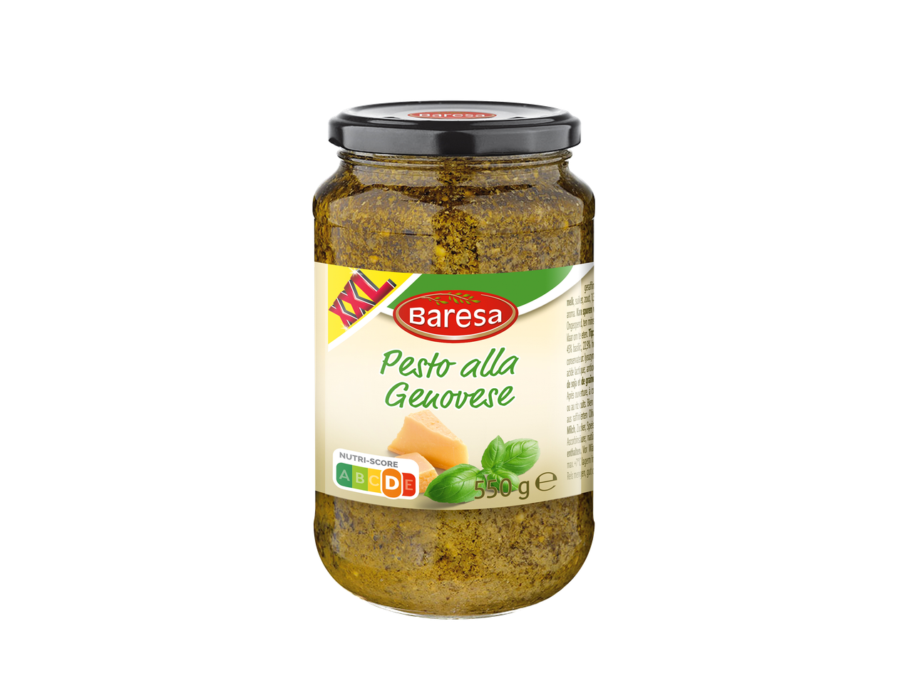 Un pot de pesto alla Genovese avec un Nutri-Score D et un poids de 550g.