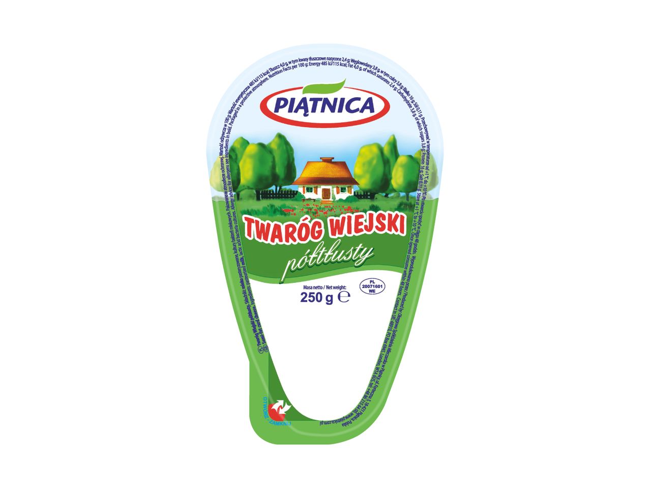 Piątnica semi-fat farmer's cheese packaging, 250g.