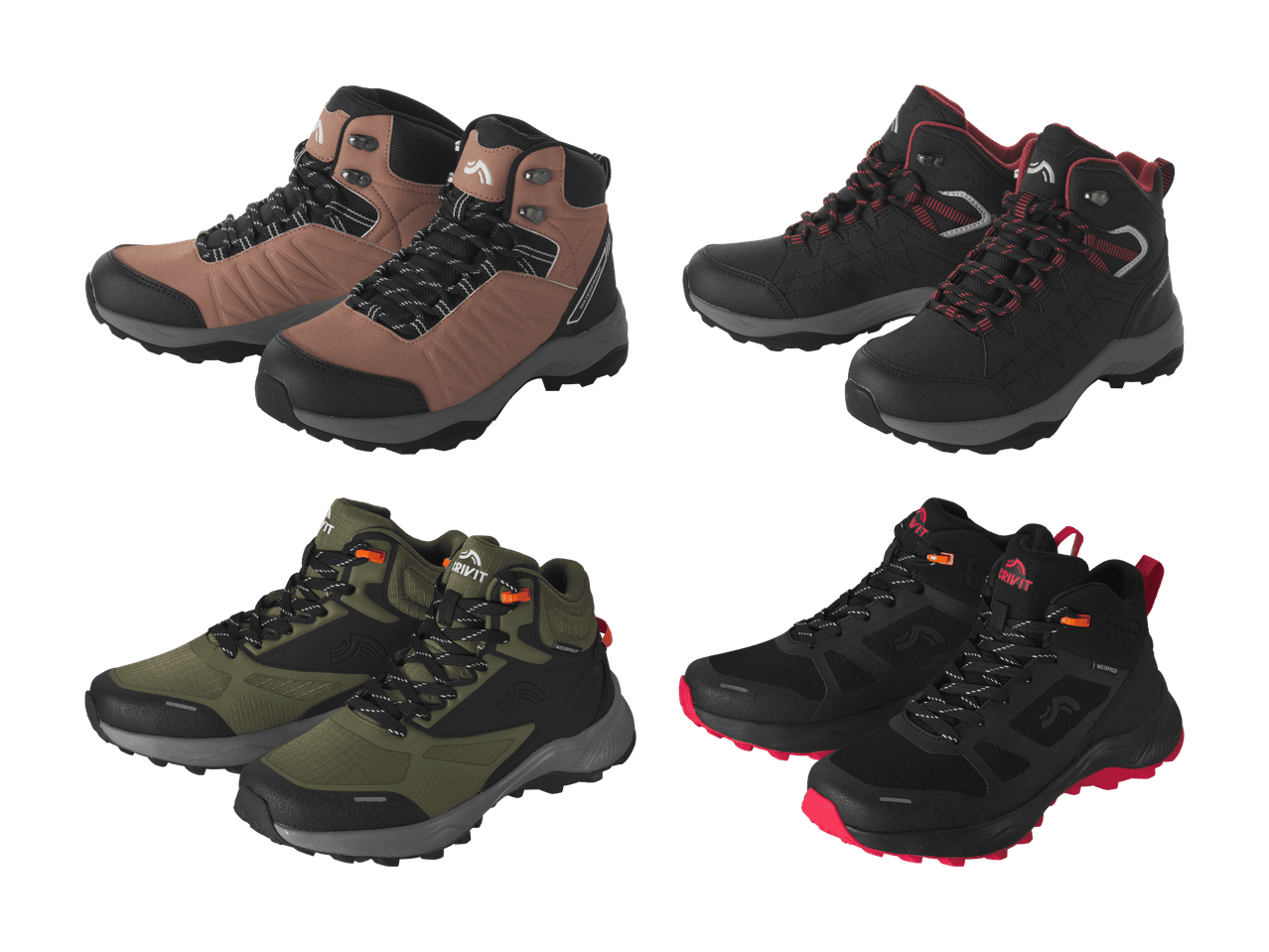 Vier Paar Crivit Wanderschuhe in verschiedenen Farben.