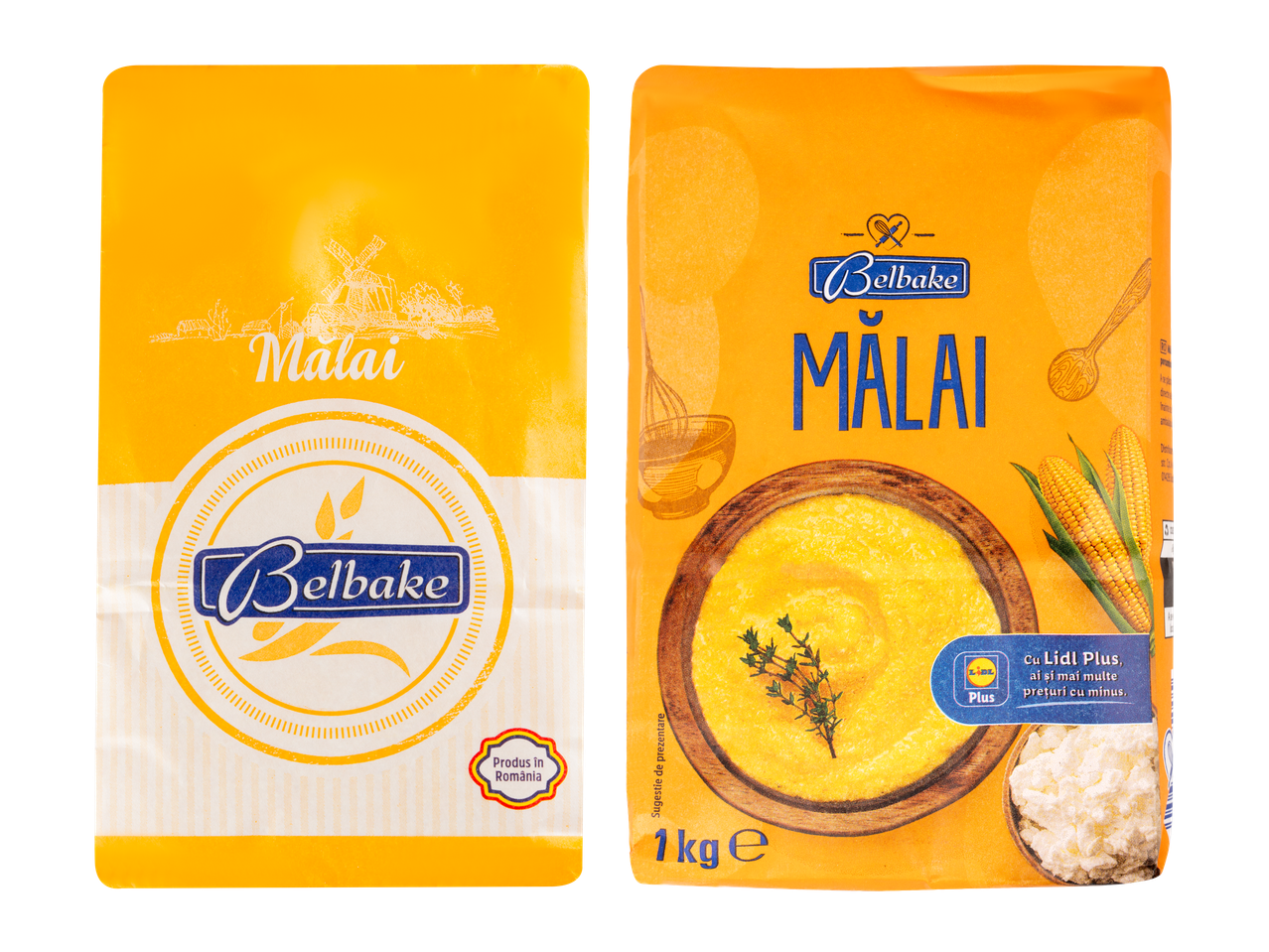 Două pungi de mălai Belbake, una cu un morar și cealaltă cu mămăligă și porumb.
