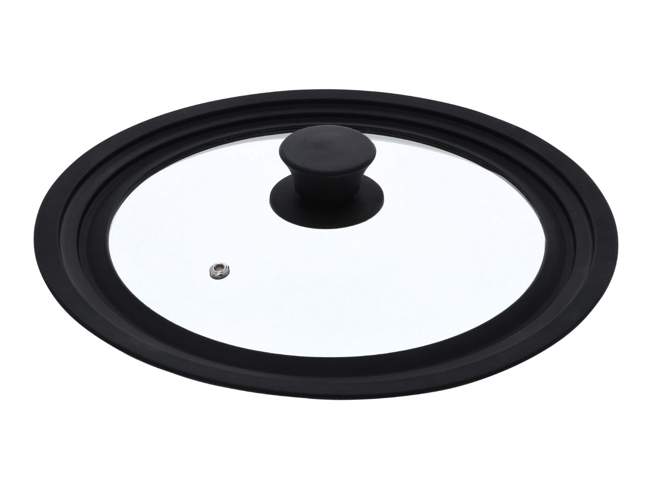 Round glass pot lid with a black silicone rim and a black knob handle.