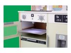 A wooden toy kitchen with an open oven door, showing controls and a refrigerator display.