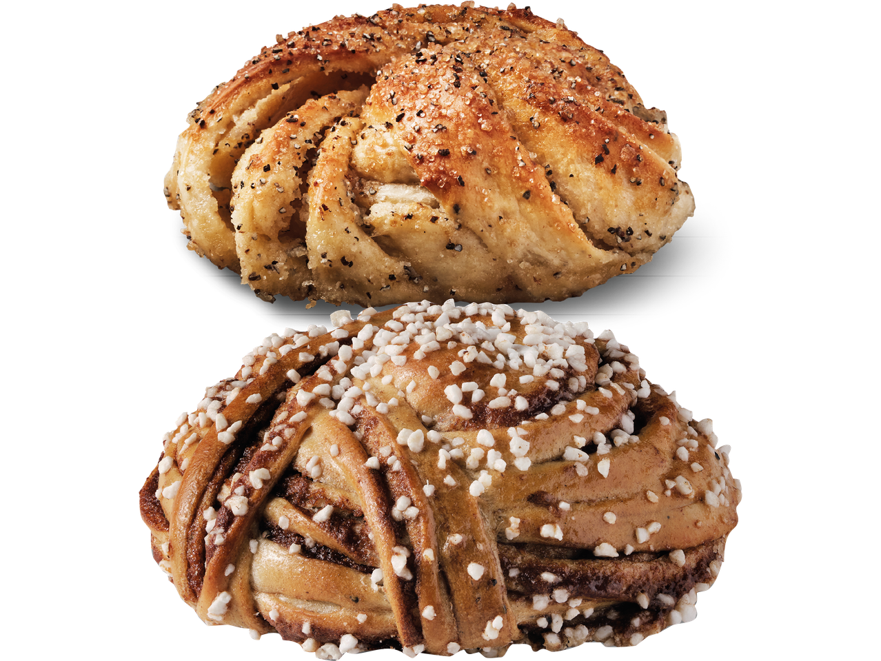 Två bullar, en kardemummabulle och en kanelbulle.