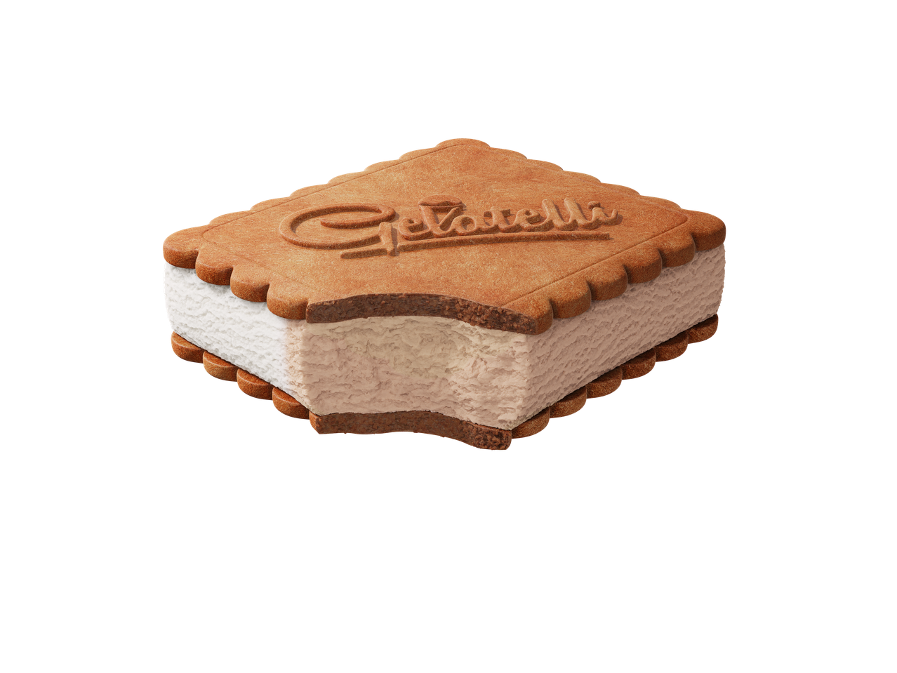 Sanduíche de gelado com biscoito, com uma dentada, sobre fundo preto