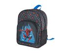 A Spider-Man themed backpack with a dark background and colorful design.