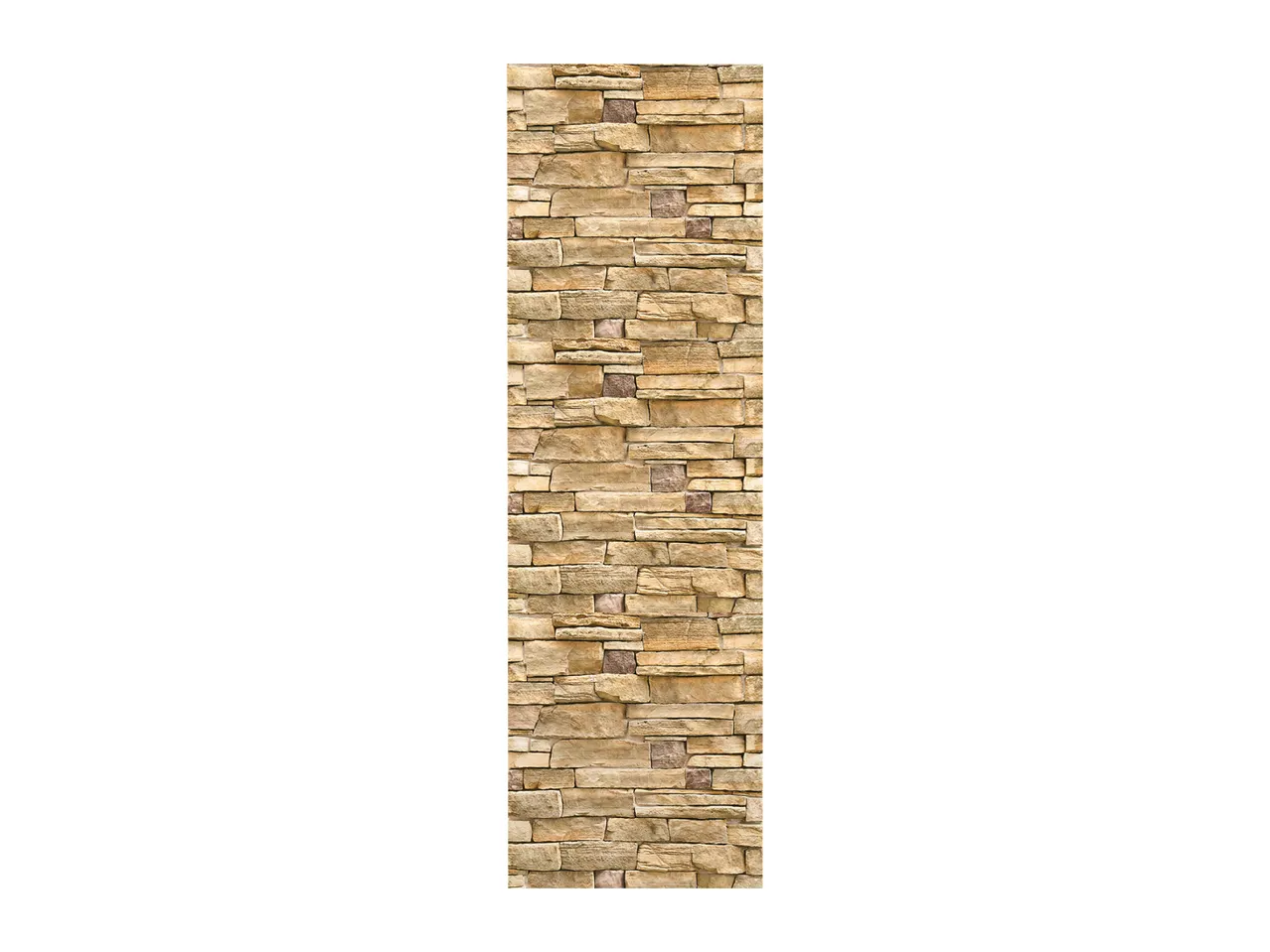 A vertical panel of stacked stone cladding in varying shades of brown and tan.