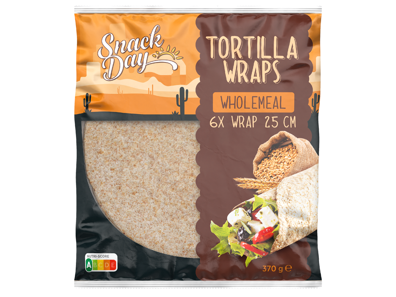 Опаковка пълнозърнести тортили с надпис „Snack Day Tortilla Wraps Wholemeal 6x Wrap 25 cm“.