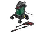 Parkside® 2000W Flexible Pressure Washer with gun and two nozzles on a black background.