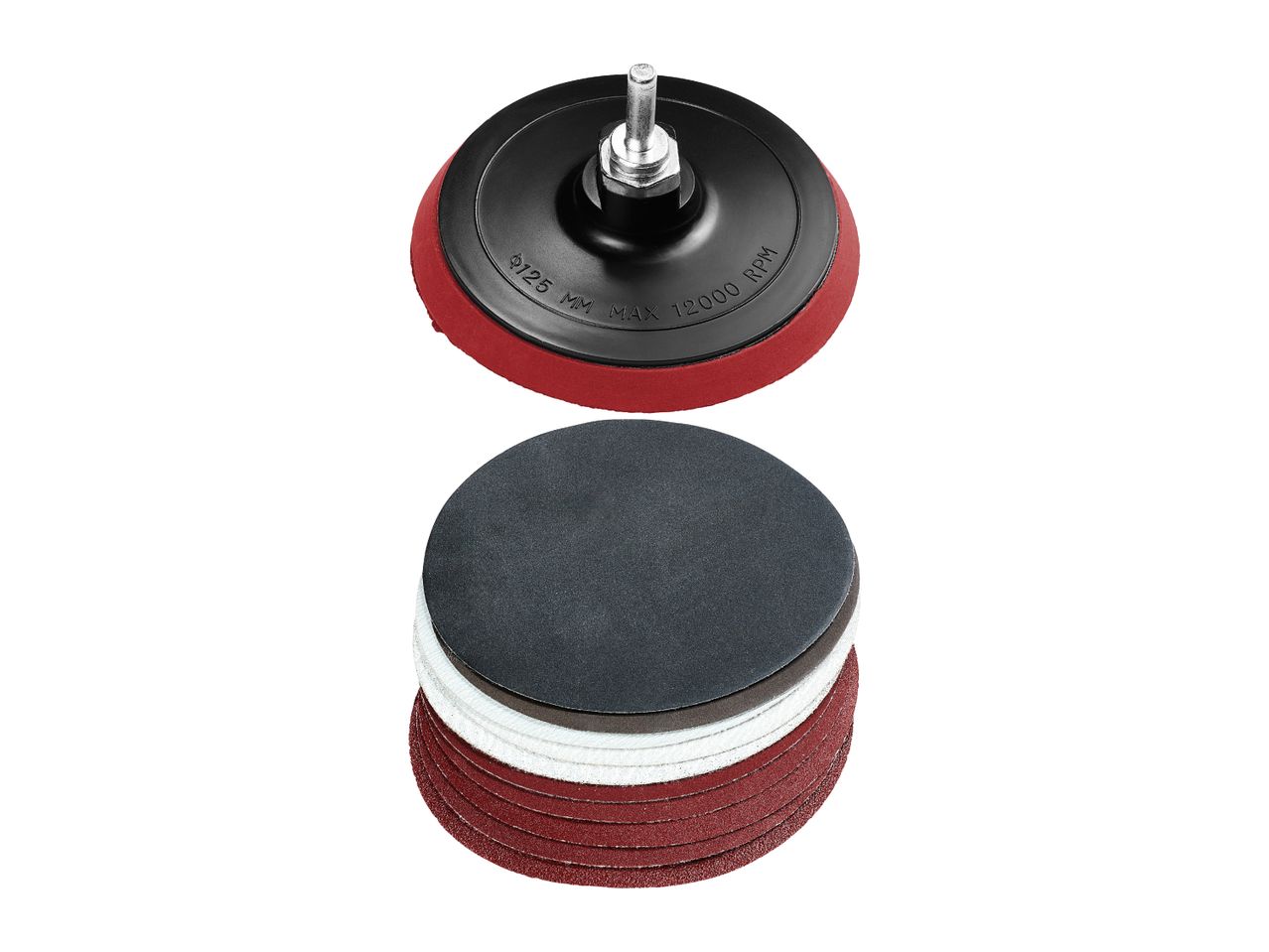 Sanding pad with a shaft and a stack of various sanding discs, including red, white, and black.