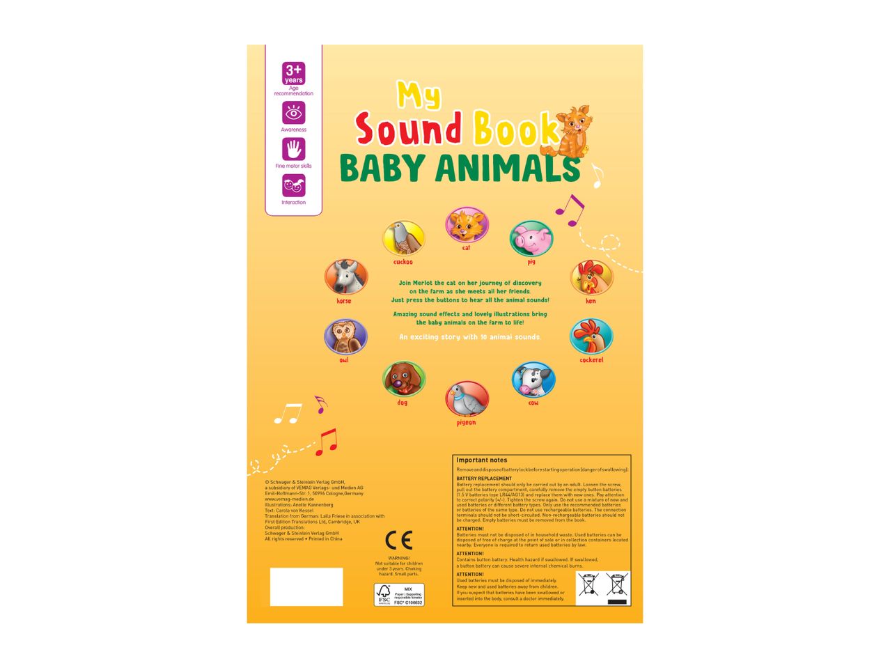 A sound book for children aged 3+ featuring baby animals like a cat, pig, horse, and hen.